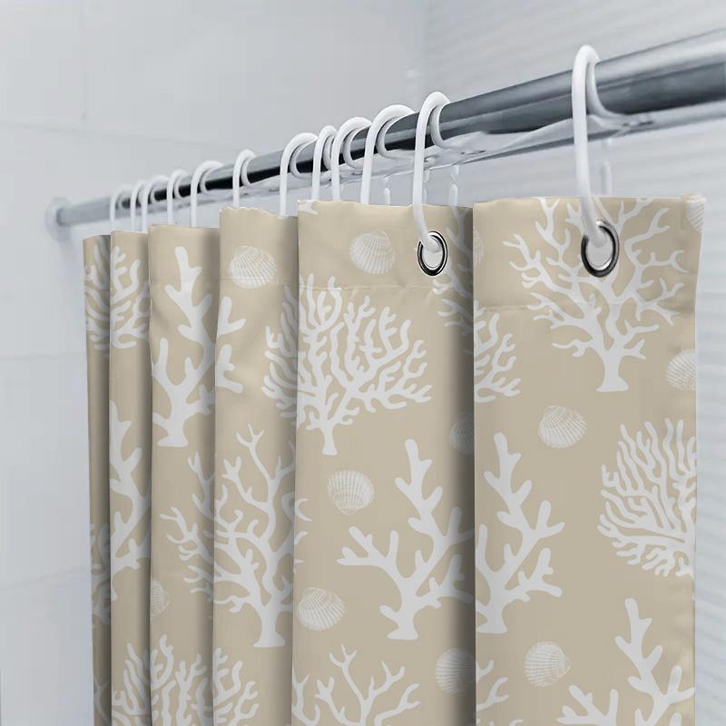 Corals Printed Shower Curtain White Coral Reef Pattern Bathroom Decoration Waterproof Fabric Shower Panel Liner Beige Color (180