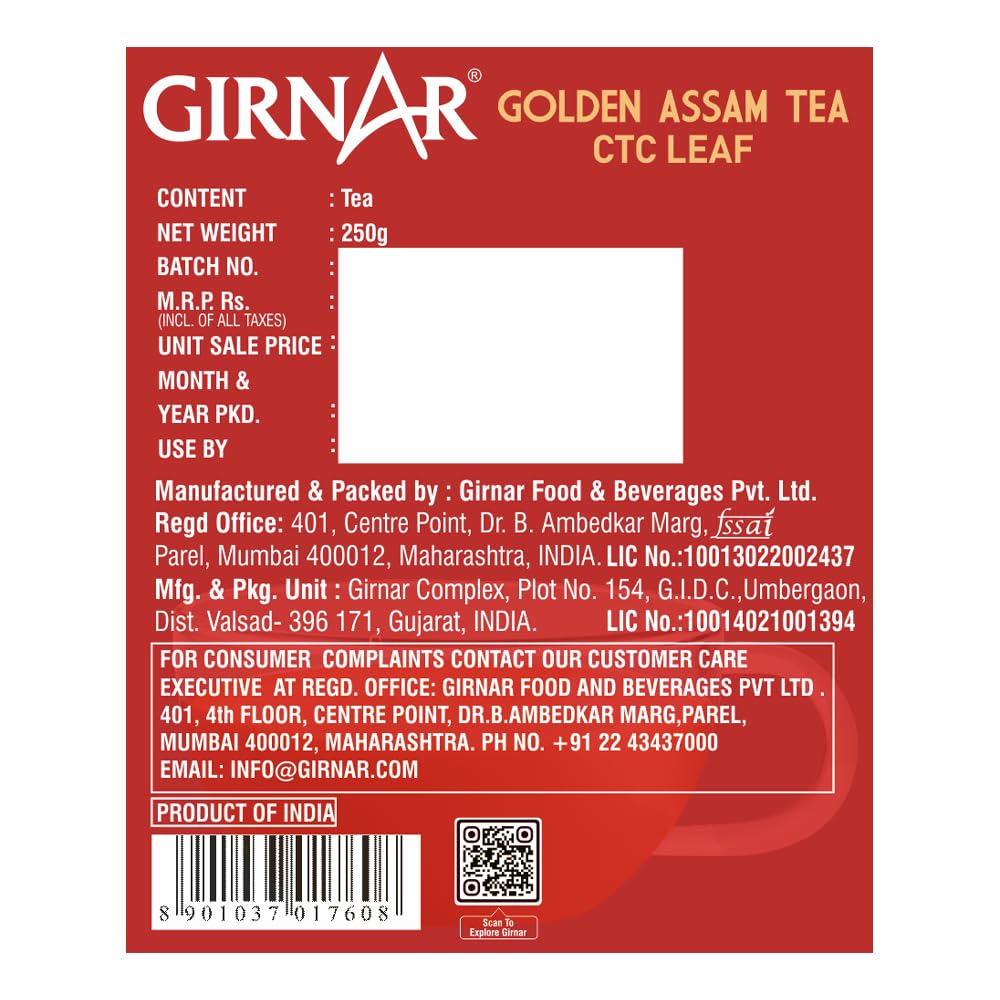 Girnar Golden Assam Tea 250g Loose Leaf Black Tea Premium 2nd Flush CTC Brew for Connoisseurs