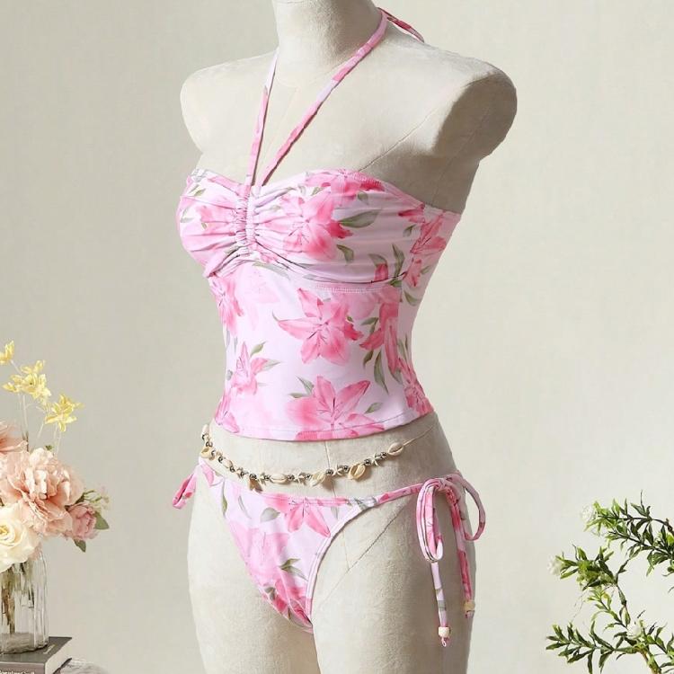 Fashionable Halterneck Style Tankini With Colorful Flower Pattern Ideal For Vacation Wear Top With Matching Bottoms