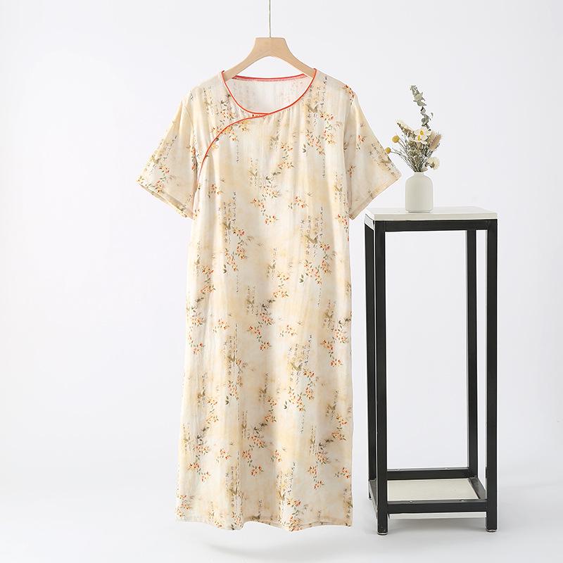 Women's Spring/Autumn Frog Button Sleep Dress - Short-Sleeved, Diagonal Lapel, Comfortable Chinese Style for Home or Outdoors