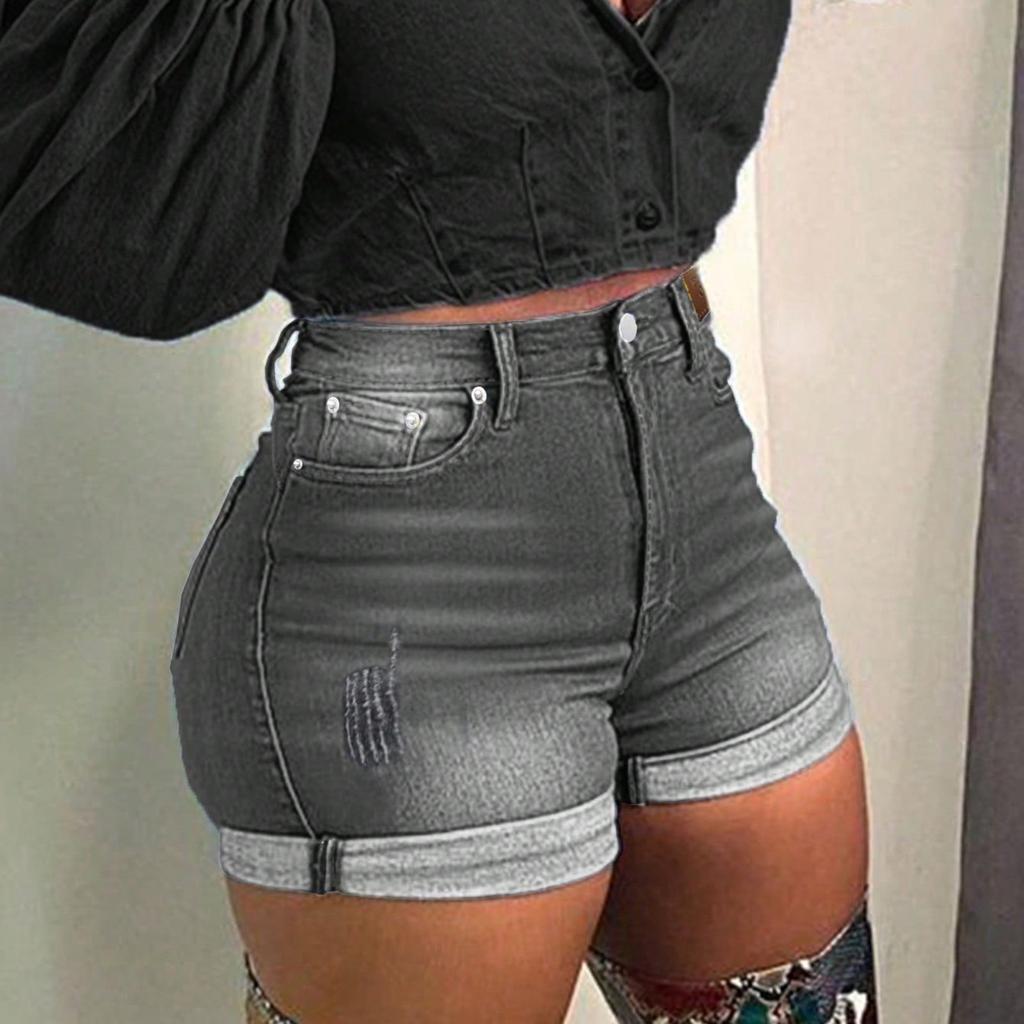 Dámské jednobarevné džíny strečové slim fit roztrhané džínové šortky
