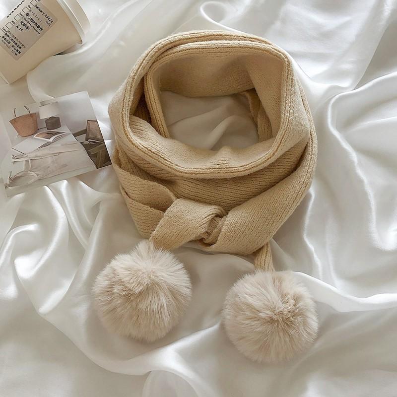 Soft Knit Winter Scarf With Pom Poms Women Warm Solid Color Neck Wrap In Ivory White Coffee Mocha Black Gray Ivory White - Ships within 15 days