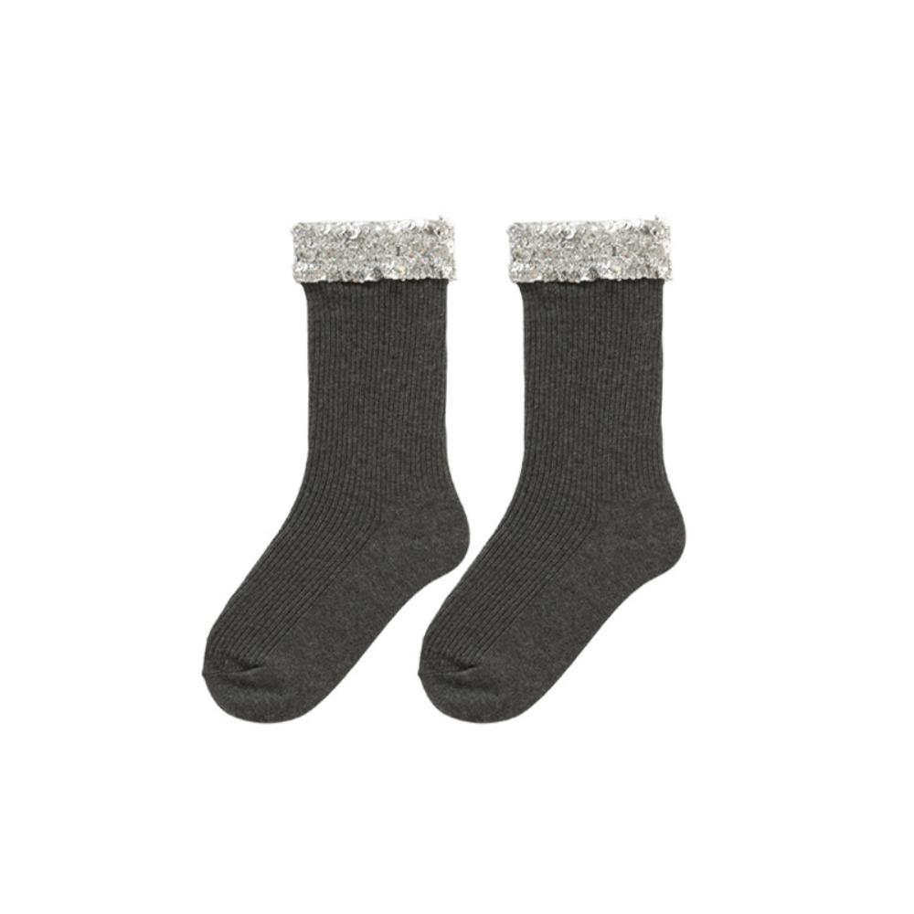 

BEPAN Soft Cotton Girls Glitter Socks Shiny Sweat Absorption Sequin Short Socks Solid Color Antiskid Middle Tube Hosiery Breathable One Size темно-сірий колір