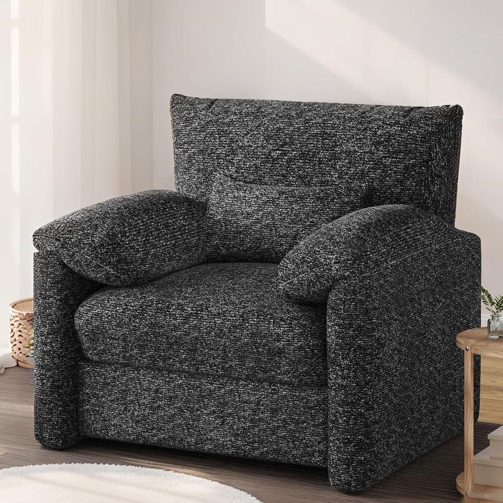 YODOLLA Armchair Sofa for Living Room, Large Single Sofa Padded Seat with Lumbar Pillow, Velvet Morden Accent Chairs, Black