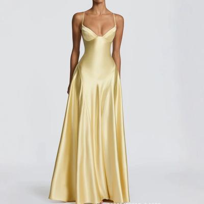 Women's Clothing European and American Temperament Satin Suspender Waist Long Evening Dress Deep V Pendulum Dinner Dress