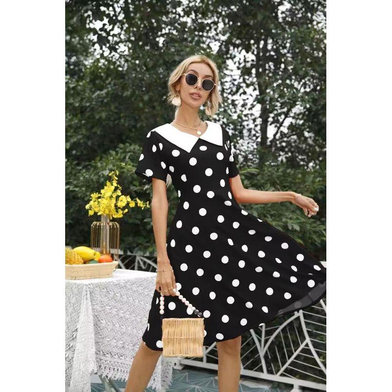 

French Style Retro Dots Party Performance Girl s Dress Short Sleeve Black XL