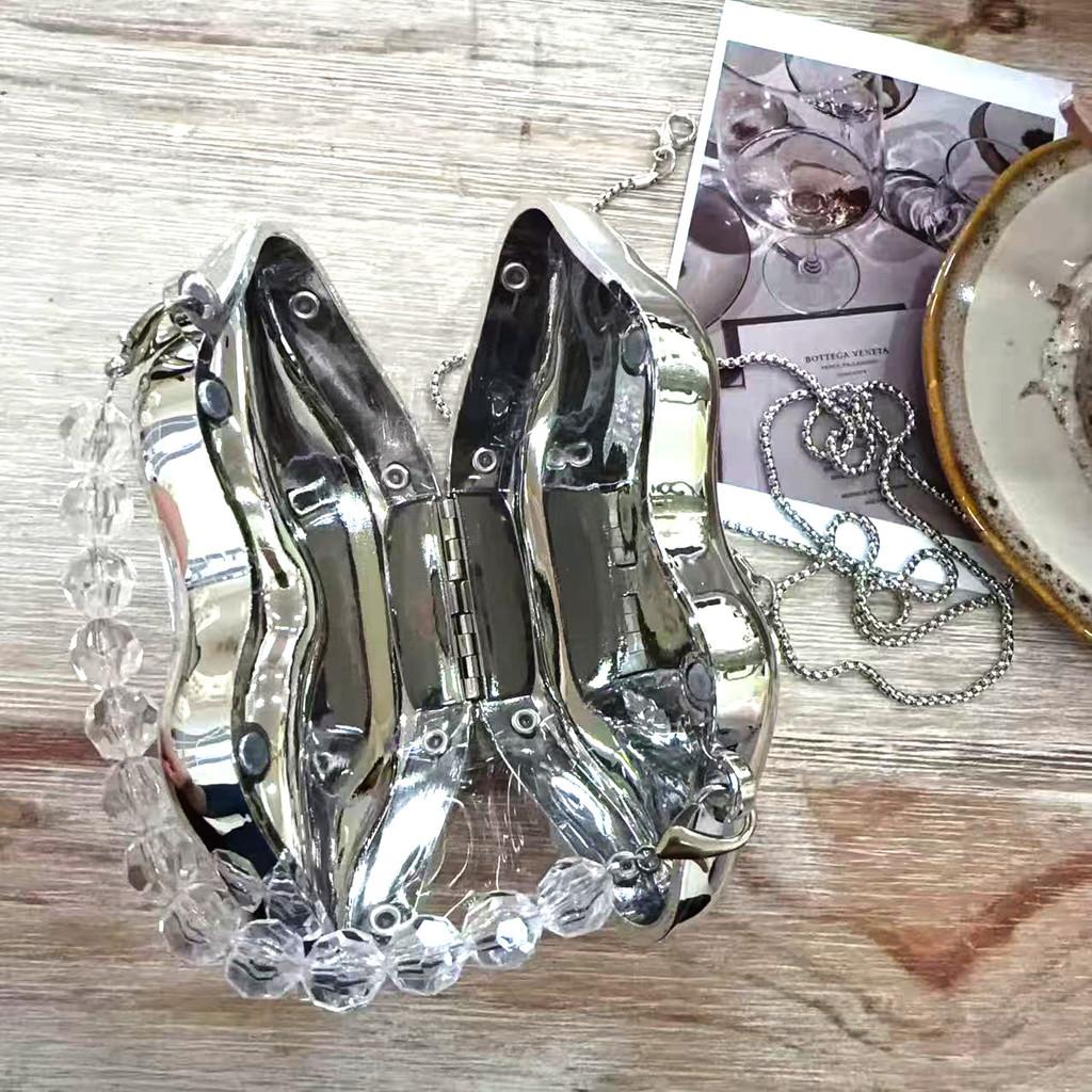 Mini Metal Lip Clutch Bag With Chain And Rhinestones For Evening Parties