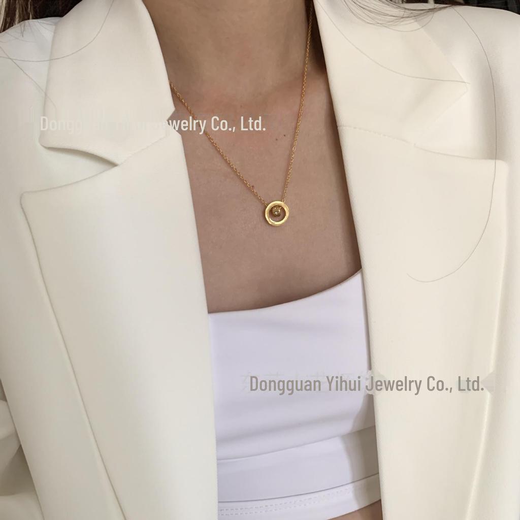 Korean-Style 24K Gold-Plated Titanium Necklace with Double Ring and Interlocking Beads