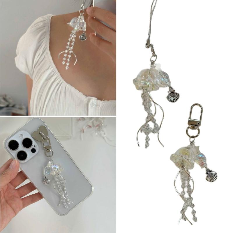 Unique Jellyfish Phone Charm Hanging Rope Sea Theme Star Pendant Phone Chain Strap Handmade Beaded Keychain Accessory