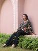 Black Floral Print Mandarin Collar Cotton Top