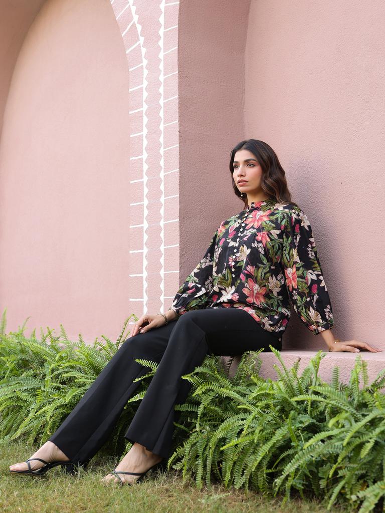 Black Floral Print Mandarin Collar Cotton Top