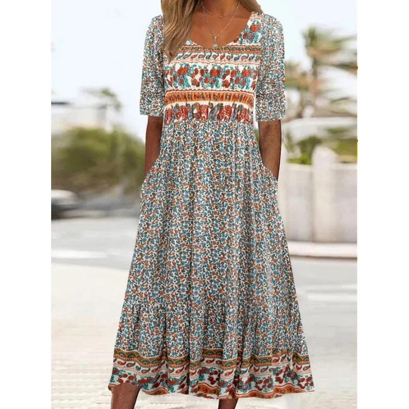 Vintage Women's Cotton Ethnic Summer T-Shirt Dress Floral Print Midi Dress