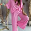 Women Casual Solid Color Pants Set V Neck Half Sleeve Top Wide Leg Outfit Summer Spring Lounge Wear