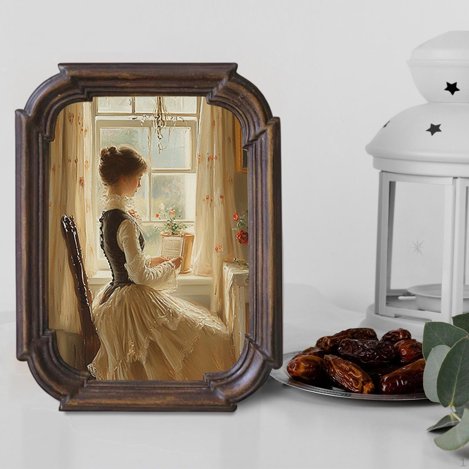 

Ретро фоторамка из смолы, ручная роспись, декоративный элегантный старомодный настольный дисплей для офиса 19.3x14.5cm