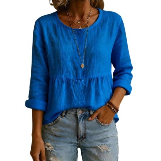 Women Tops Long Sleeve Round Neck Loose Fit Pullover Tops with Pleated Hem Pure Color Spring Summer Casual Shirt