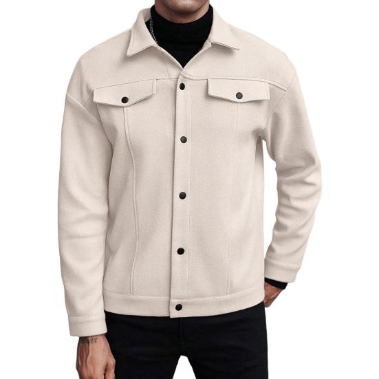 Men Jacket Woolen Lapel Design Long Sleeve Solid Color Coat with Flap Pockets Design