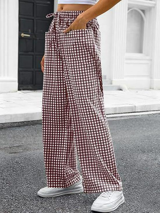 2026 Women's European & American Plaid Trousers - Spring/Summer Casual, Loose Fit, Elastic Waist, Wide Leg with Pockets