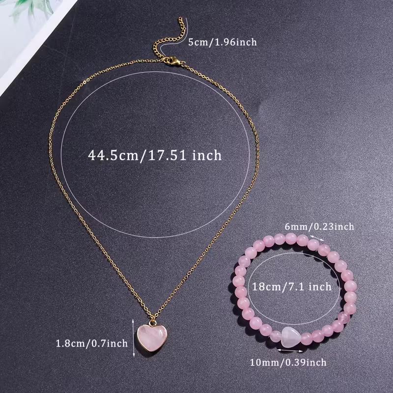 A set of bracelet necklace, natural pink crystal heart-shaped necklace, 6MM bead, natural stone bracelet, Valentine s Day gift