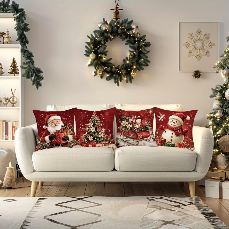 4Pcs Festive Christmas Throw Pillow Covers 18X18 Inch, Zipper Closure, Retro Santa Snowman Designs With Gift Boxes And Wreaths