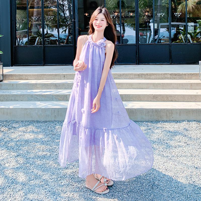 Women Summer Halter Maxi Dress, Sleeveless Solid Color Flowy Long Dress S