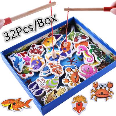 Fish Toy 32pcs Wooden Magnetic Educational Fishing Game
