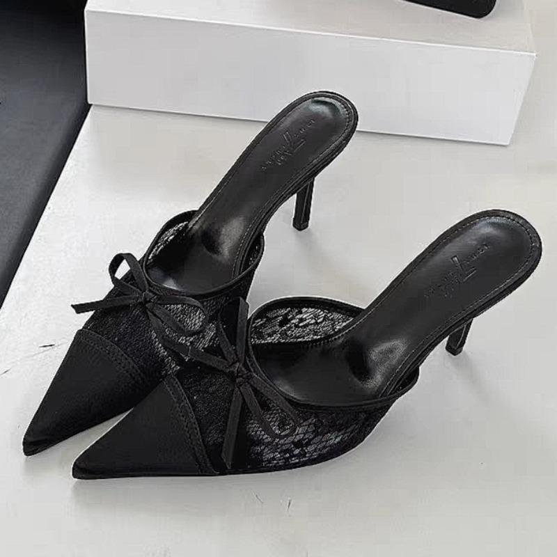 

Туфли-мюли на высоком каблуке с бантом из сетчатого кружева, с острым носком, женские сандалии, обувь, новый летний тренд 2025, туфли-лодочки для платья, сексуальные сандалии для женщин 40 чёрный