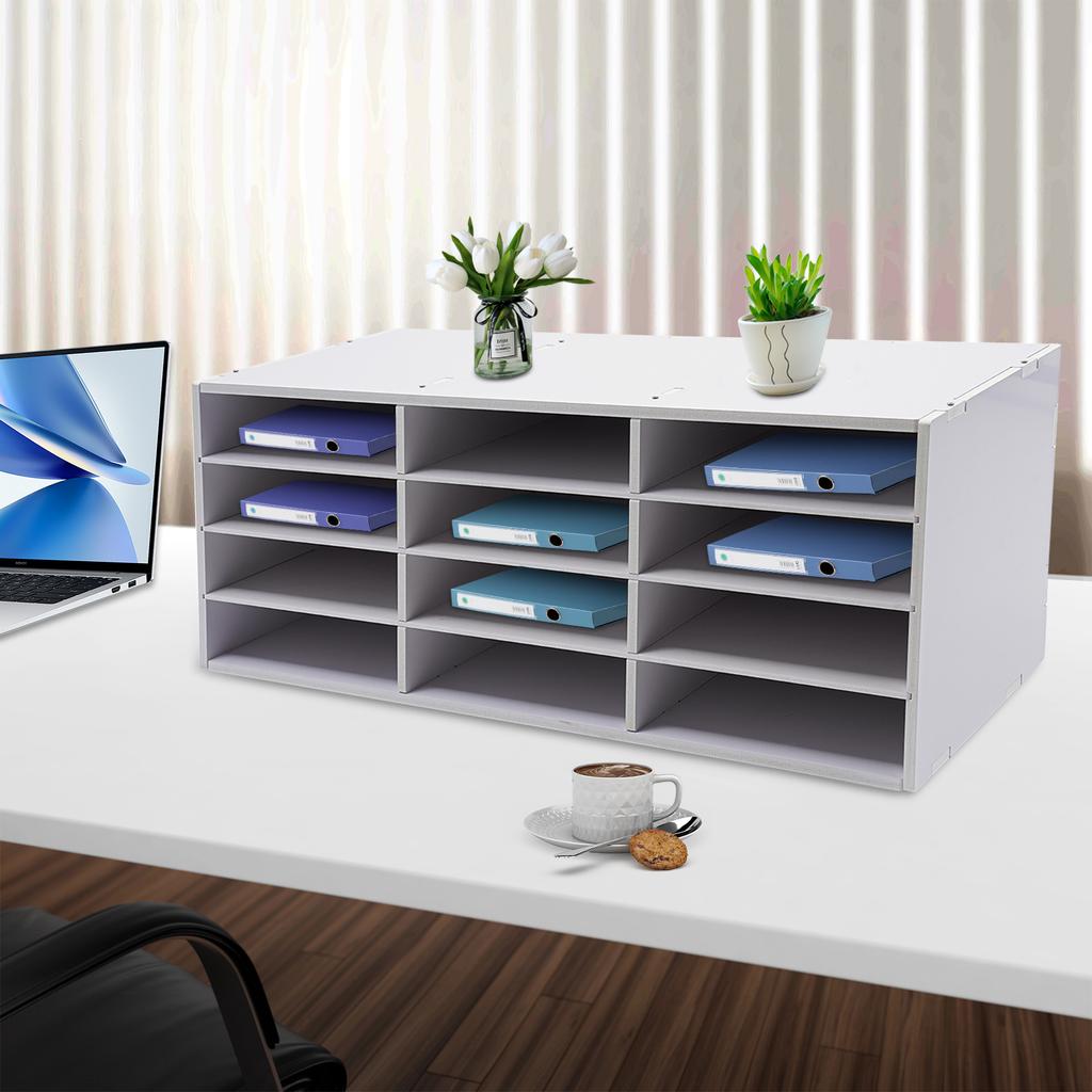 12-Slot White Mail Sorter Organizer W/ 4 Tiered Shelves,Modern Freestanding Desktop Paper Organizer for Office, Home & Classroom