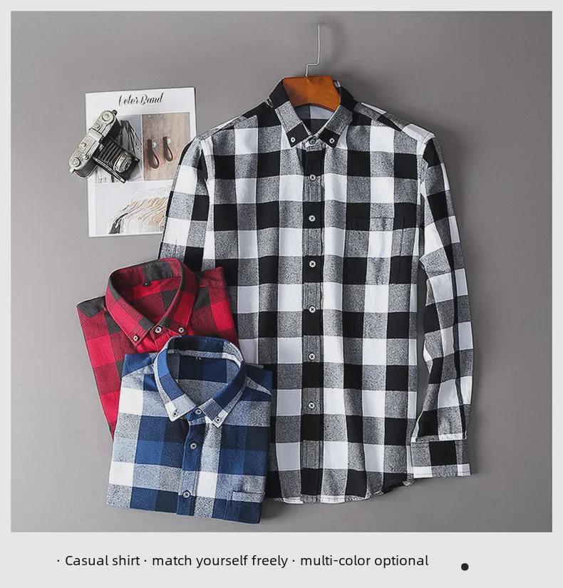 Men's Trendy Plaid Shirt: Long-Sleeved, Loose, Brushed Casual Jacket for Spring, Summer, and Autumn