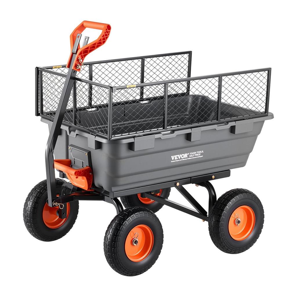 Garden Dump Cart, 544 kg Poly Dump Cart, Garden Carts Dumps Wagon with Storage Fence, 2-in-1 Convertible Handle, 90° Quick-Dumps Mechanism, 180°