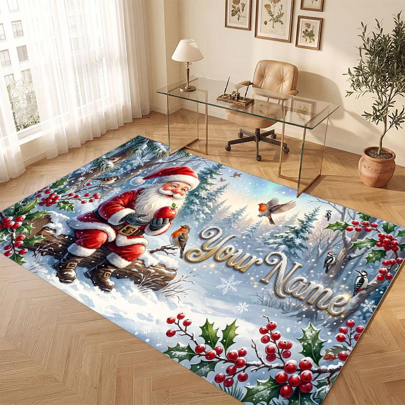 Christmas Winter Theme Crystal Velvet Floor Rug Personalized Custom Name Text Warm Carpet Home Decoration