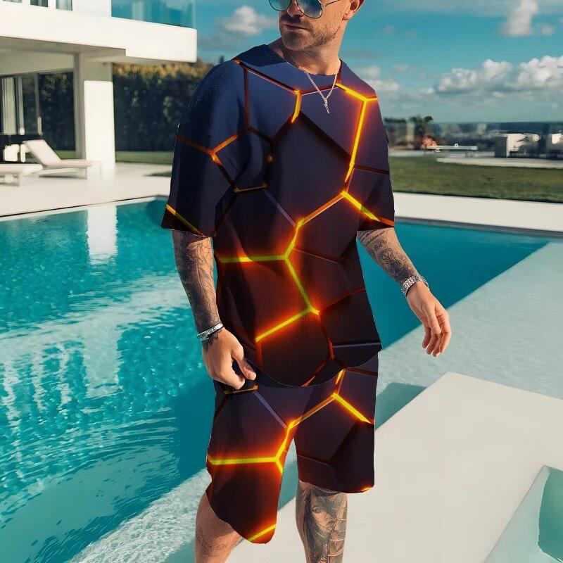 

Летний комплект футболок, мужские уличные комплекты с технологичным 3D узором, свободная футболка большого размера, шорты с круглым вырезом, спортивные костюмы, повседневный комплект из 2 предметов