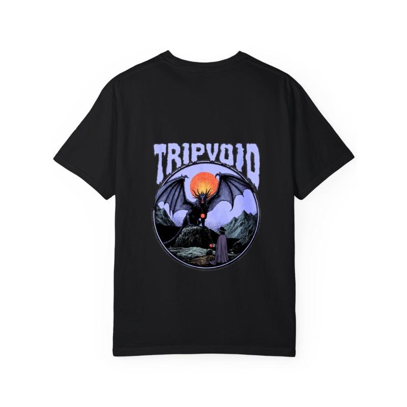 White T-Shirt with Tripvoid Dragon and Sunset Mountain Scene Graphic for Casual Wear