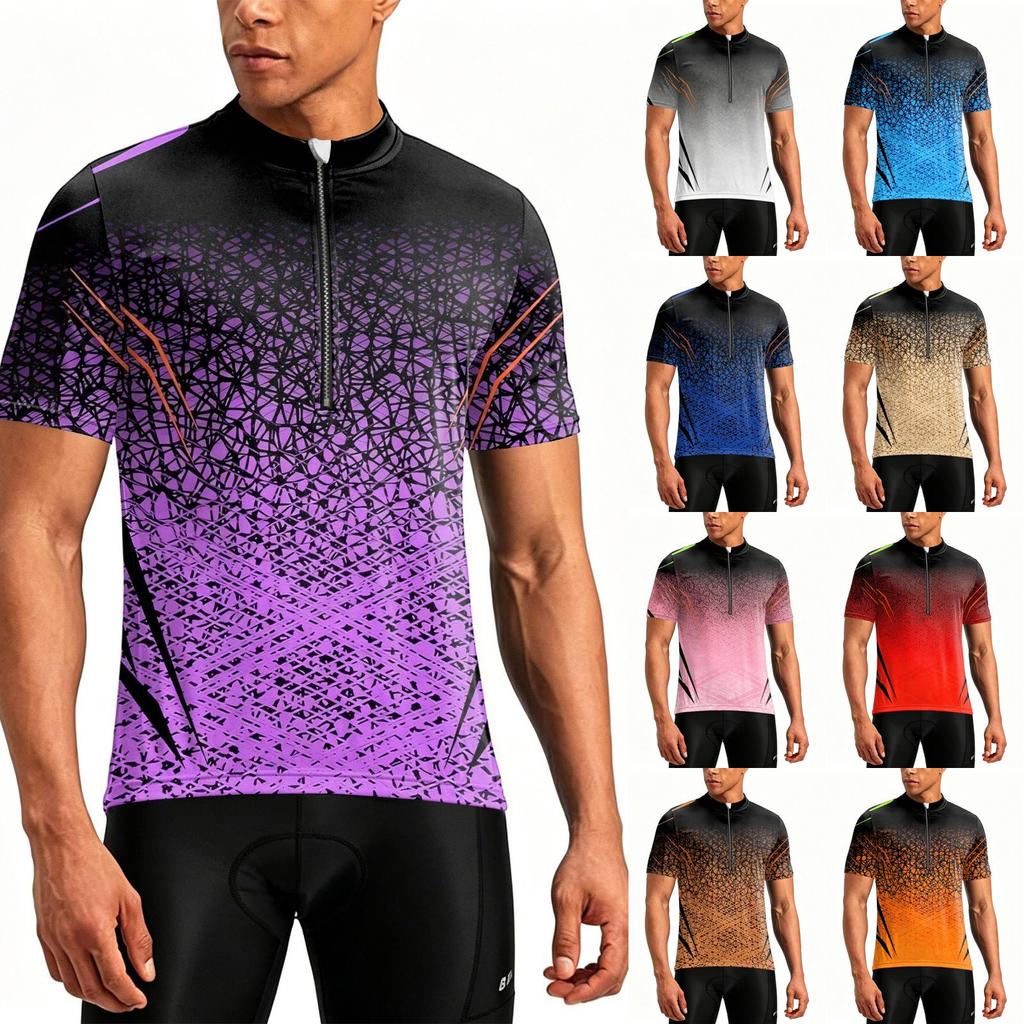 Pánský cyklistický dres s kulatým výstřihem a krátkým rukávem se zipem, prodyšný, rychleschnoucí, s potiskem, pro venkovní sporty a fitness