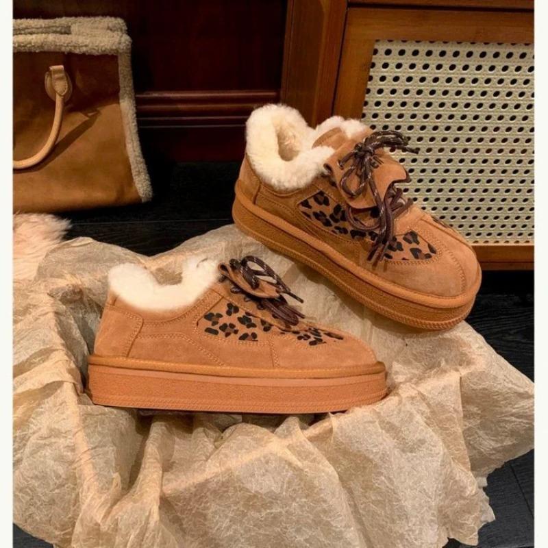 Cowhide Version Leopard Print Cotton Shoes Casual Board Shoes Winter New Velvet Warm Snow Boots Thick Sole