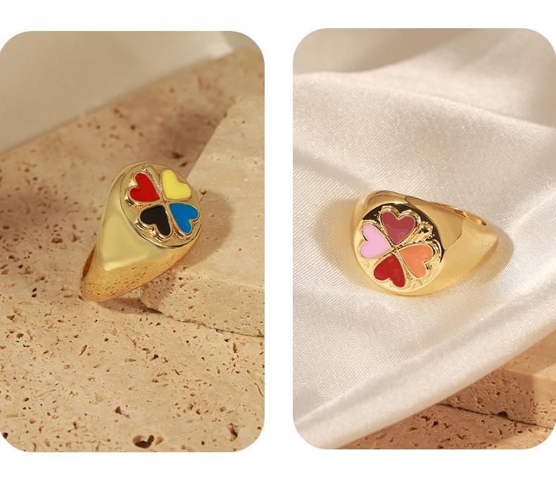 Korean Style Geometric Heart Clover Enamel Ring for Women - Trendy Temperament Design