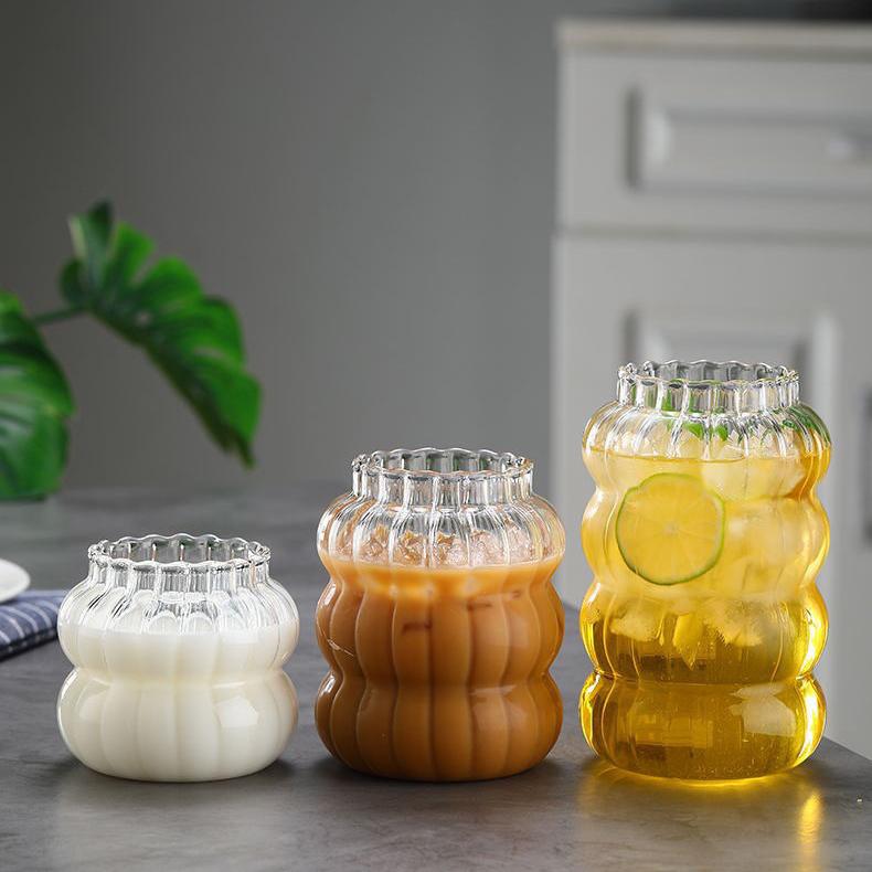 Glass Cup Straw Cup with Lid Striped Glasses Water Cup Coffee Cup Milk Cup