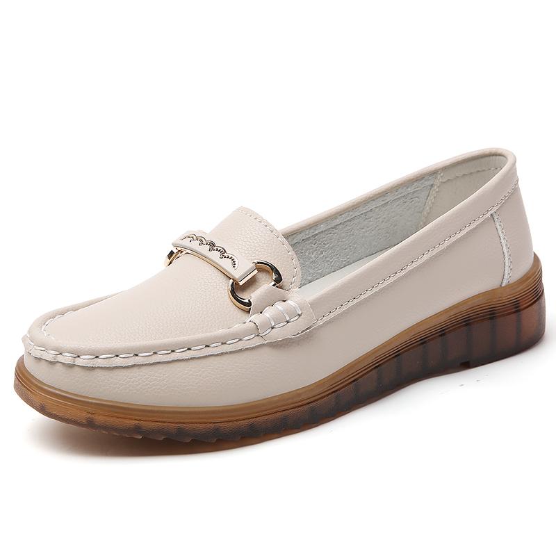 Women's casual plate-size spring and summer breathable loafers, 100% genuine leather shoes, fashionable women's flat shoes