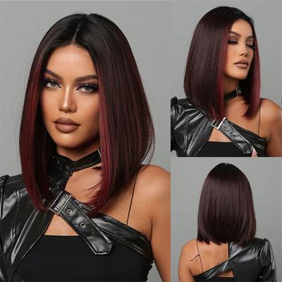 Peruca Castanho Longo de Cabeça Inteira Peruca Média para Mulheres Cabelo Liso Vermelho Degradê