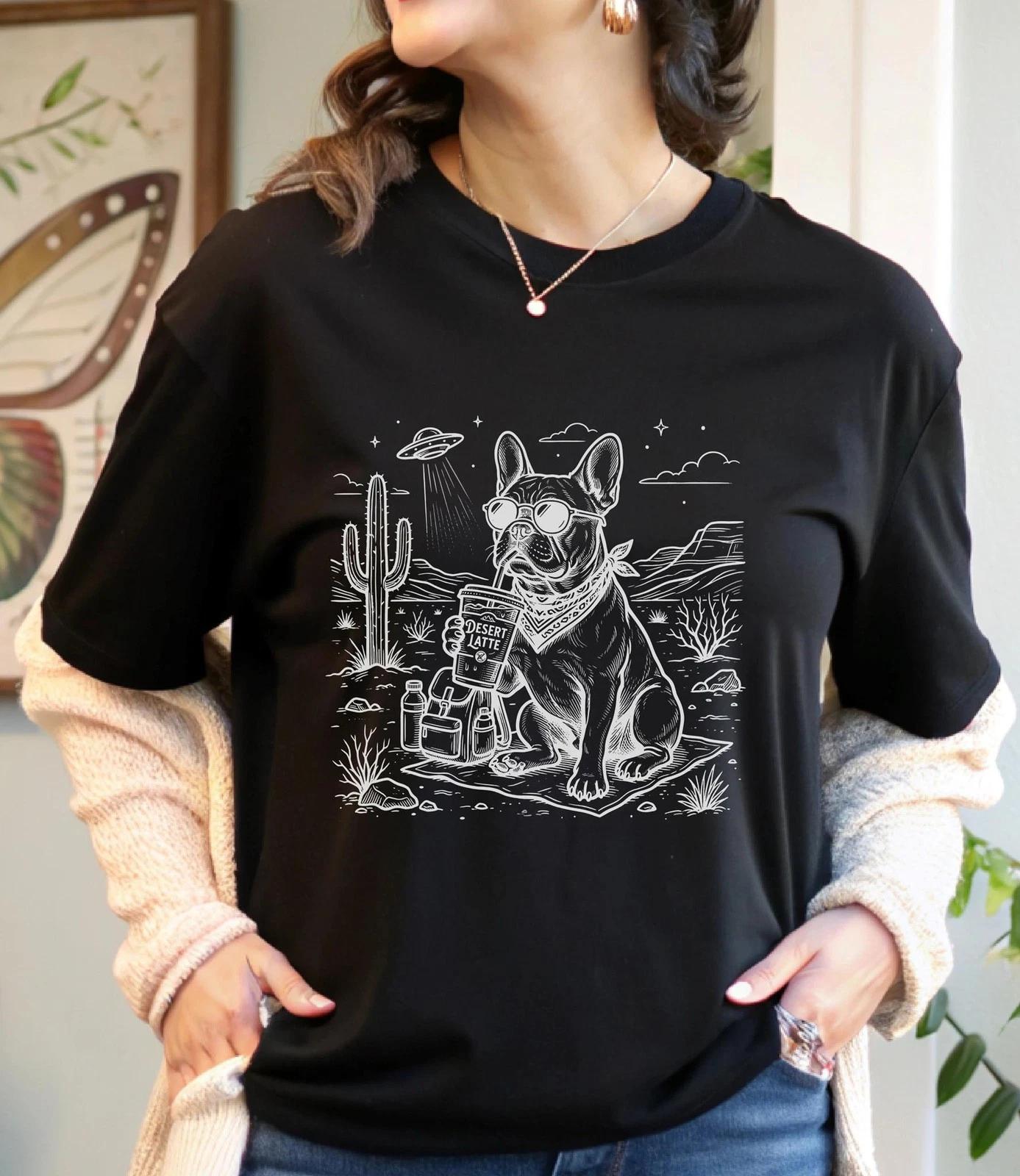 French Bulldog Desert Latte T-Shirt, Cool Frenchie Dog Sunglasses Bandana Tee, 2XL