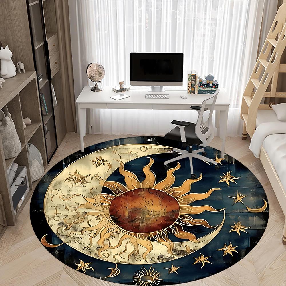 1pc Sun Moon Office Round Area Rug, Indoor Mat Suitable For Office, Under Office Chairs Bedroom Living Room Home Decor, Room Deco, 084