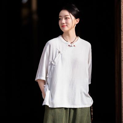 Damen Blusen im chinesischen Stil, einfarbig, mit Stehkragen, halbe Ärmel, Sommer-Vintage-Knopfleiste, Blusen