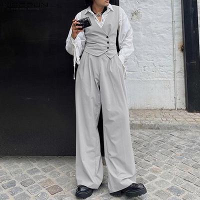 Two Pieces Men Sleeveless Buttons Short Waistcoats Long Pants Sets