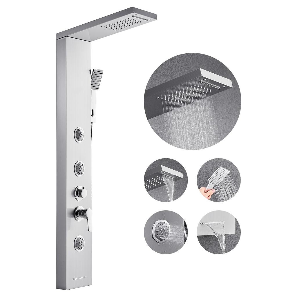 VEVOR Shower Panel Tower System with Rainfall Waterfall Shower Head, 53 in Brushed Stainless Steel Shower Column, 5-Function Faucet