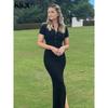 Elegant Office Lady Maxi Dress Women Solid Fashion Turn-down Collar Short Sleeve Button Side Slit Body-Shaping Street Robe