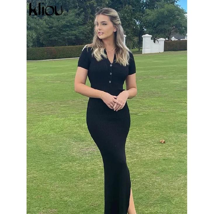Elegant Office Lady Maxi Dress Women Solid Fashion Turn-down Collar Short Sleeve Button Side Slit Body-Shaping Street Robe