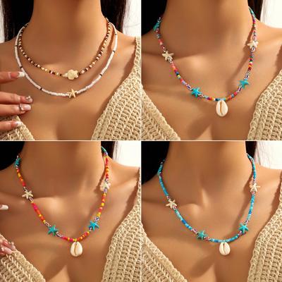 Bohemian Summer Beaded Necklace with Shell Pendant and Colorful Millet Beads