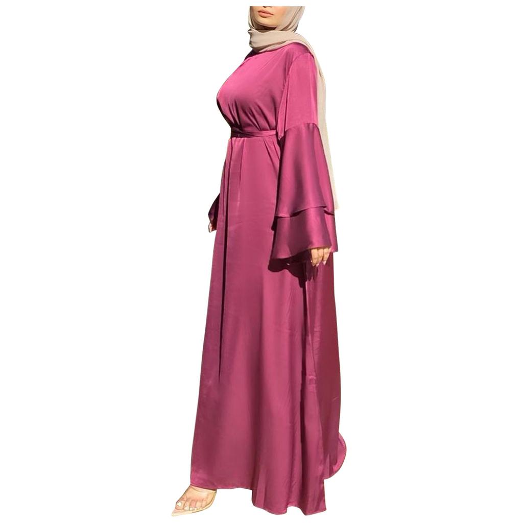 Women's Fashion Solid Color  Long Sleeve Satin Soft Waist And  Dress