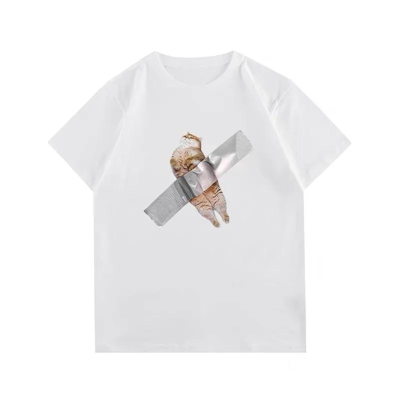2026 Summer Funny Cat Print Tshirt Street Everyday Casual Humorous Short Sleeve Clothing for Unisex Women Cat Lover Clothing Top
