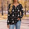 Women's Fashion V-Neck Button-Up T-Shirt With Christmas Print Long-Sleeved Top