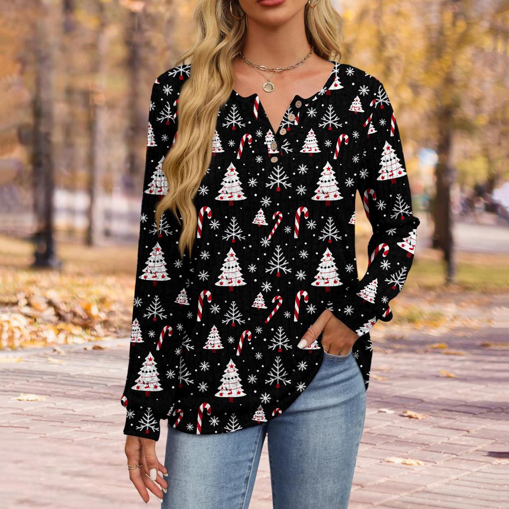 Women's Fashion V-Neck Button-Up T-Shirt With Christmas Print Long-Sleeved Top